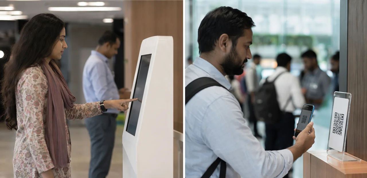 Quiosque de feedback de visitantes vs NFC/QR: comparação lado a lado